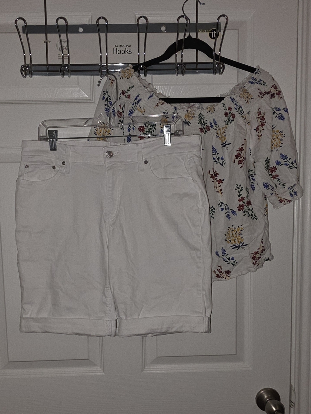 DKNY White Denim Bermuda Shorts And Honey Floral Smocked Top